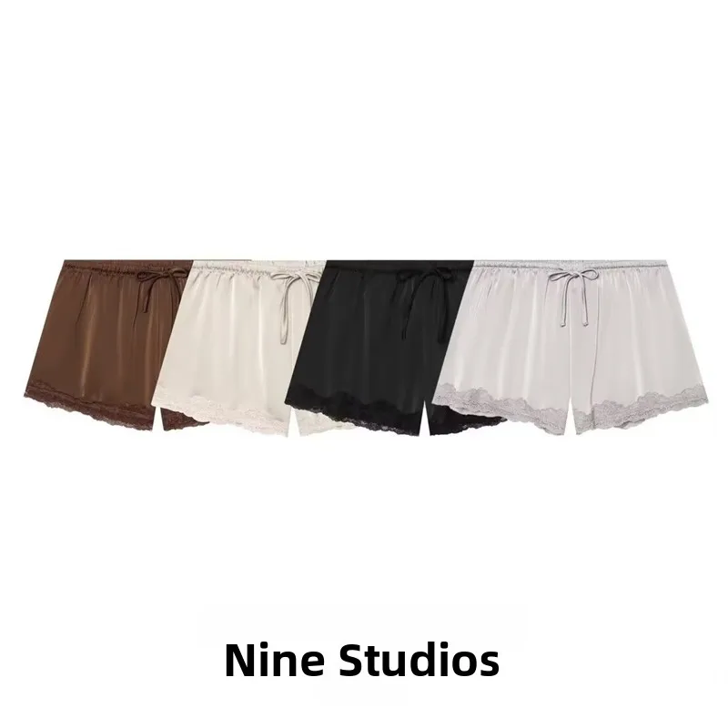 Sexy Lace Trim Patchwork Silk Satin  Shorts Casual Versatile Women's Fashion Pants Natural Waist Other Material Ladies