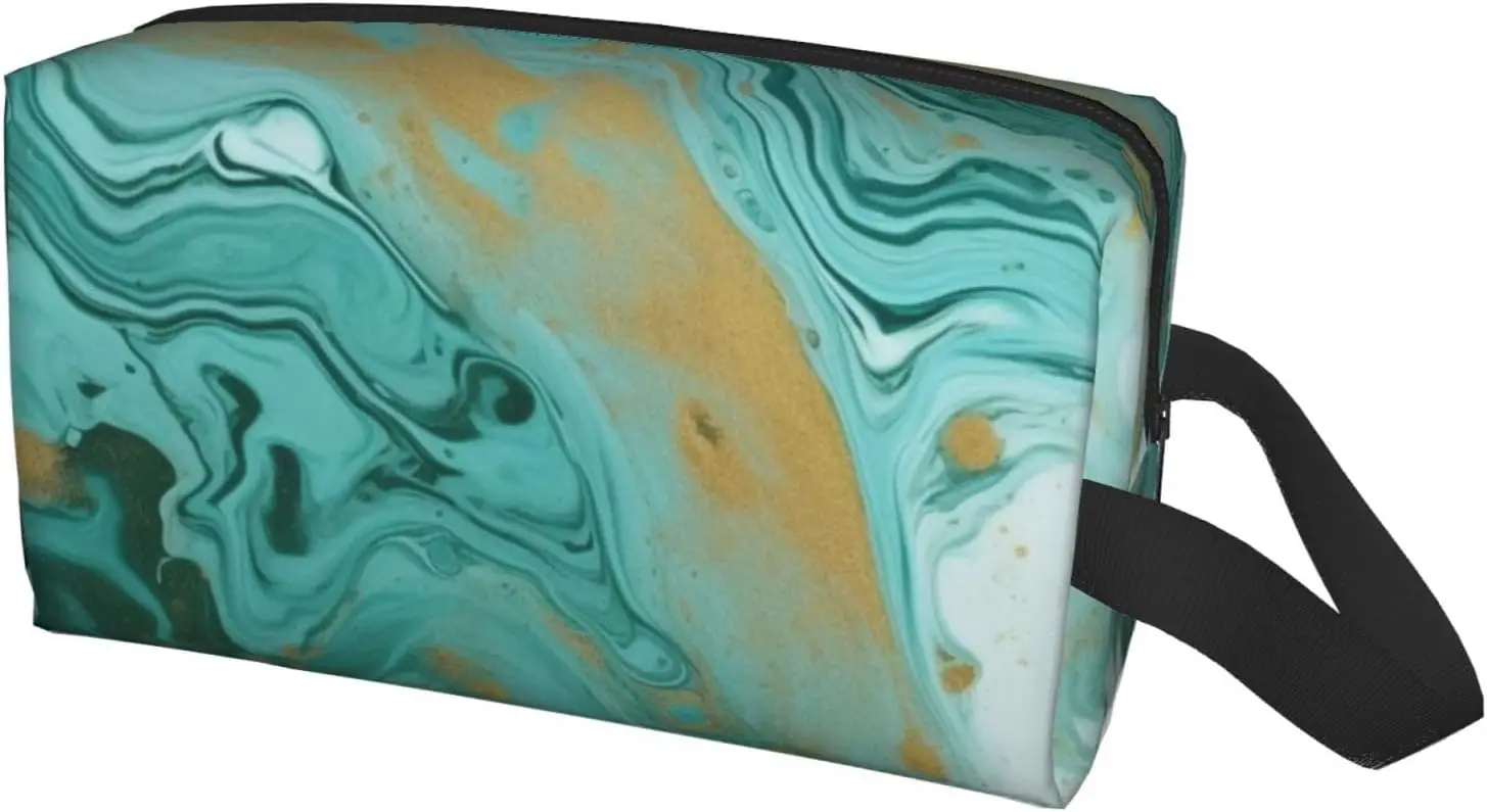 Travel Toiletry Bag for Women Men Leather Makeup Bag Large Portable Travel Organizer teal and gold marble Cosmetic