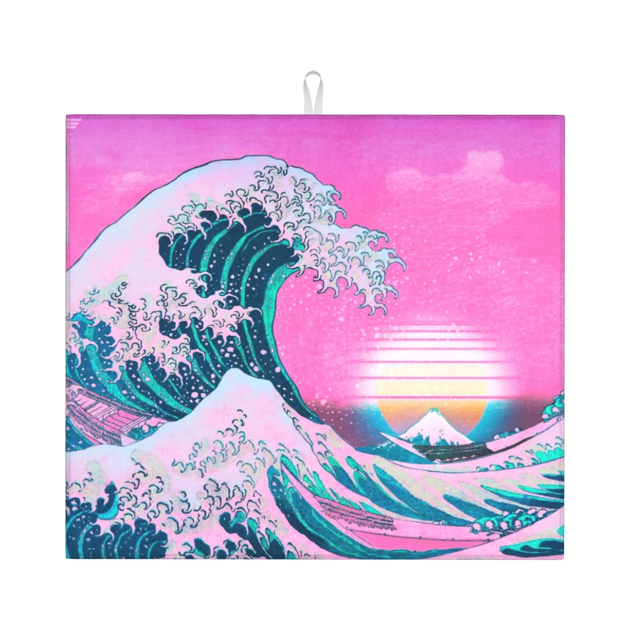 Vaporwave Aesthetic Great Wave Off Kanagawa Non Slip Kitchen Counter Protector Mat Barware Reusable Drying Mat For Kitchen