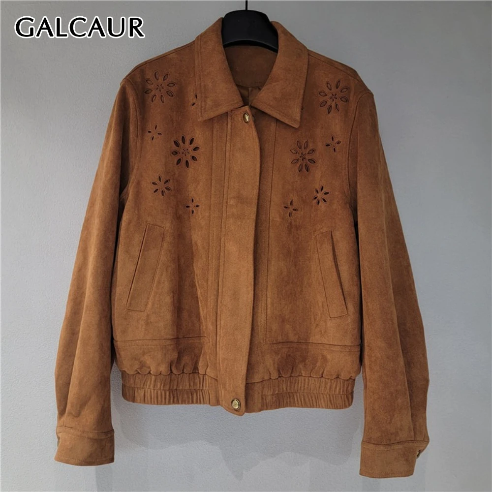 

GALCAUR Solid Spliced Hollow Out Jacket Female Lapel Long Sleeve Loose Retro High End Women's Jackets Autumn Style Fashion New