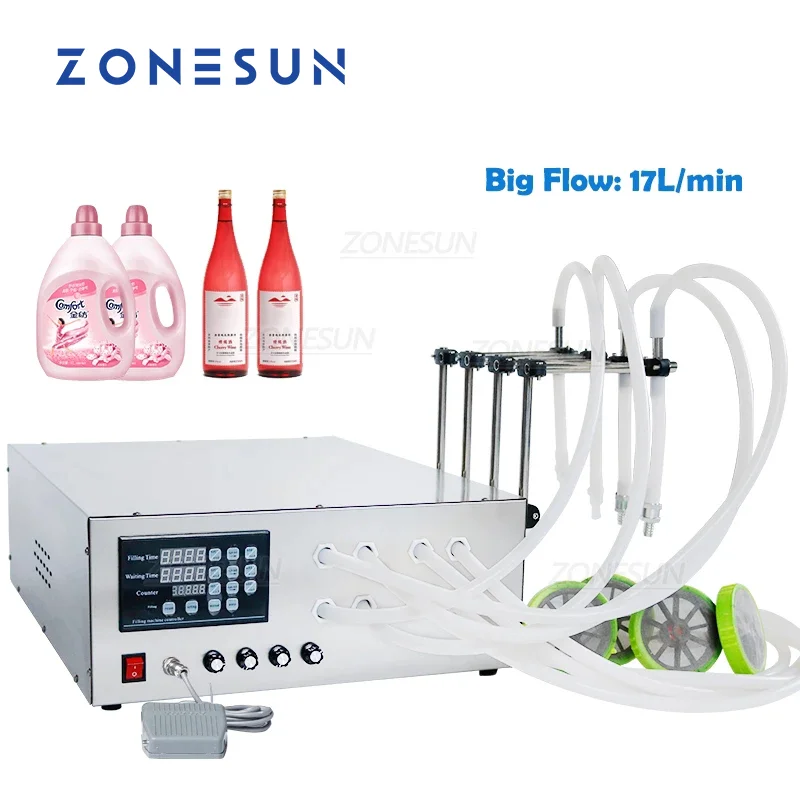 

ZONESUN Liquid Filling Machine Electric 4-head 17/min Large Flow Rate Filler for Palm Oil Lotion Shampoo Gel Sauce ZS-GFK17B4