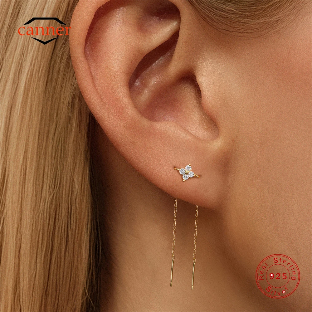 

CANNER 925 Sterling Silver Petal Zircon Long Chain Stud Earrings Women Long Lines Smooth Heart-shaped Earrings aretes para mujer