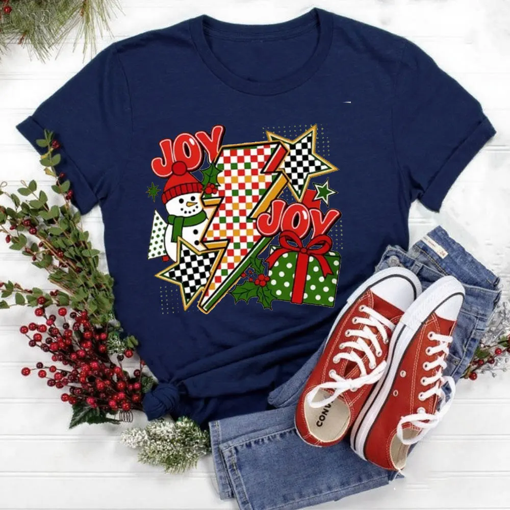 Retro Christmas Tops Checkered Shirt Clipart Joy Snowman Gift Tops High Quality Loose Casual Cotton T Shirt Women Clothes