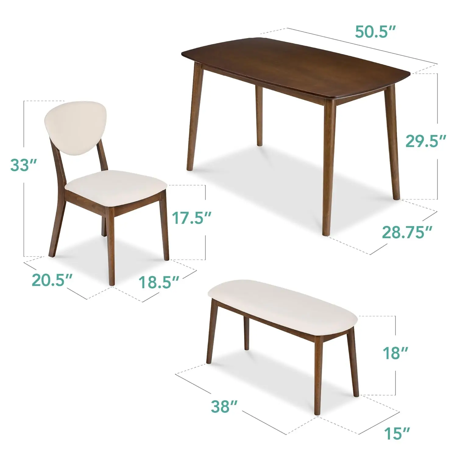 Walnut Wood 4 Piece Dining Table Chair Set Mid Century Modern Upholstered Bench Indoor Kitchen Dining Furniture view 6