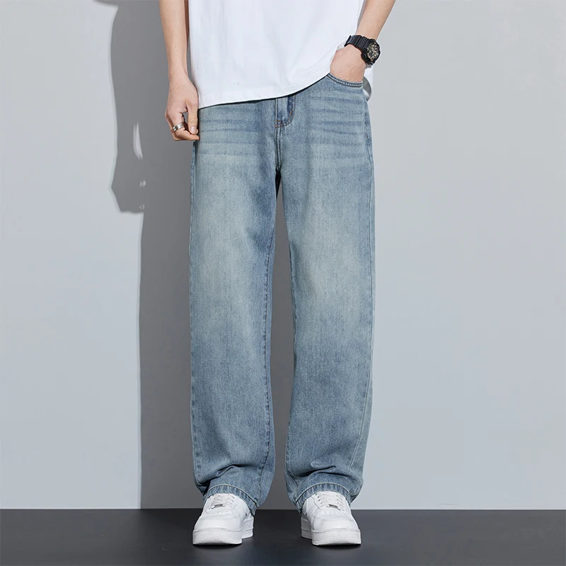 

Spring Men's Light Blue Slim Jeans Stylish Casual Stretch Fabric Denim Pants Classic Trousers Smoke Gray