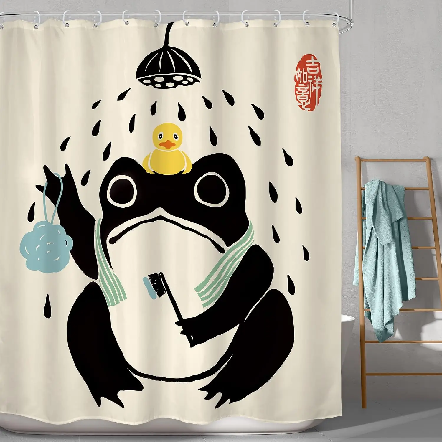 Fun Novelty Frog and Chick Cartoon Shower Curtain Polyester Waterproof Bathroom Liner Kids Decor Pool Shower Curtain Accessories