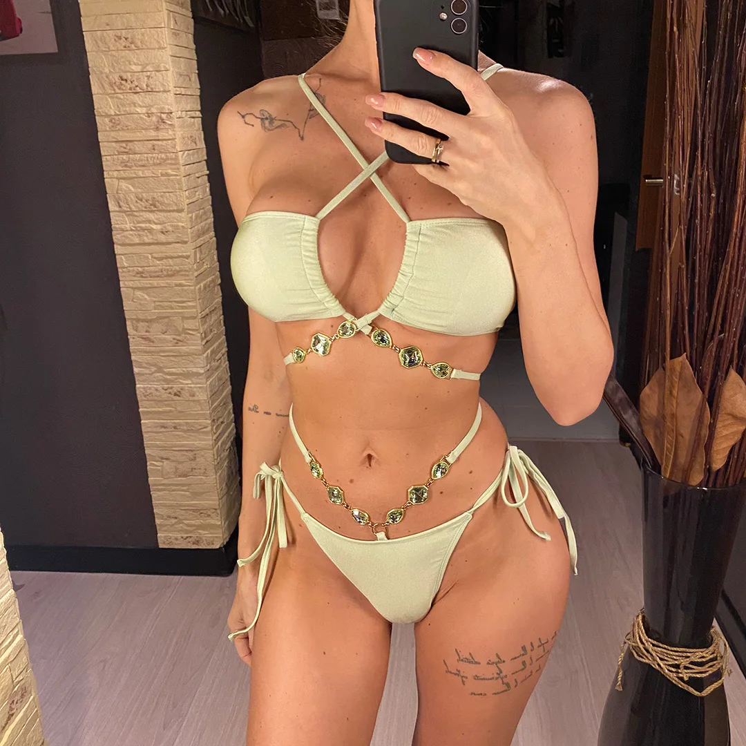 Sexy Bikini mit Diamant-Strasssteinen, Wickel-Bikini, Damen-Badeanzug, zweiteiliges Bikini-Set, Badebekleidung, Badeanzug, Schwimmbekleidung V5167 – Detail 12