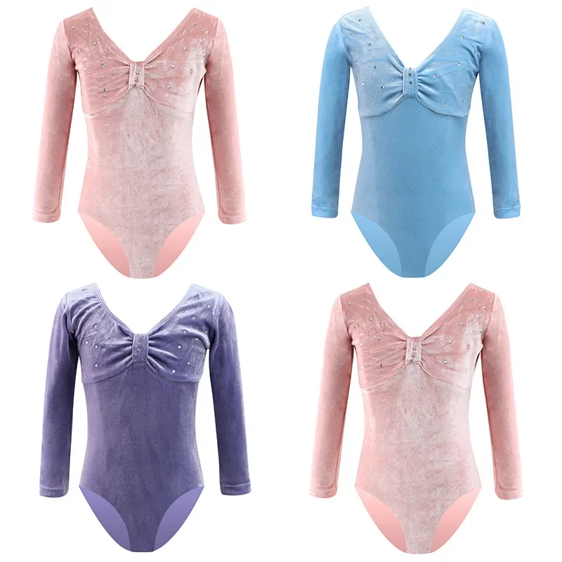 女の子のためのゴールデンベルベットレオタード,バレエ練習服,長袖,体操レオタード,ホットダイヤモンド,スプライス,クラシックダンス,春