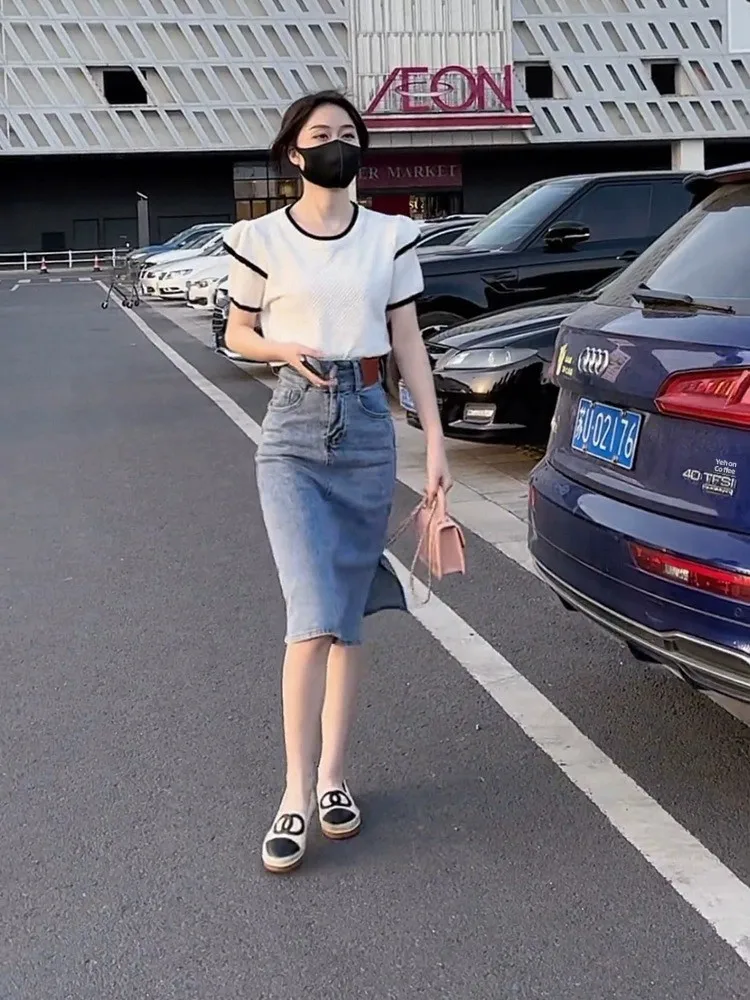 

Chic Ice Silk Shirt And Denim Skirt Two-Piece Set for Women Short Sleeve A-Line Skirt Ensemble Spring Summer New Arrival