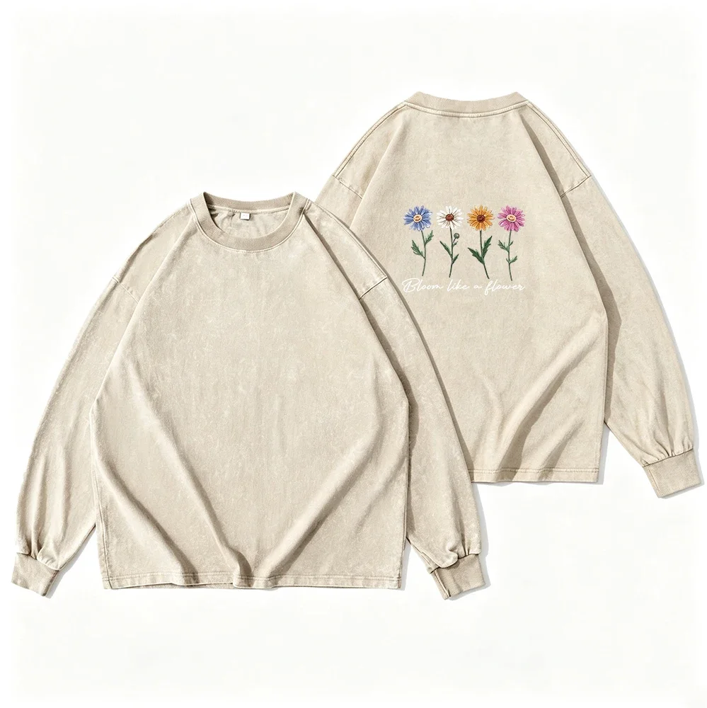 Vintage Acid Wash Long Sleeve T-shirt 230GSM Daisy Floral Letter Graphic Unisex Oversized Cotton Street Top