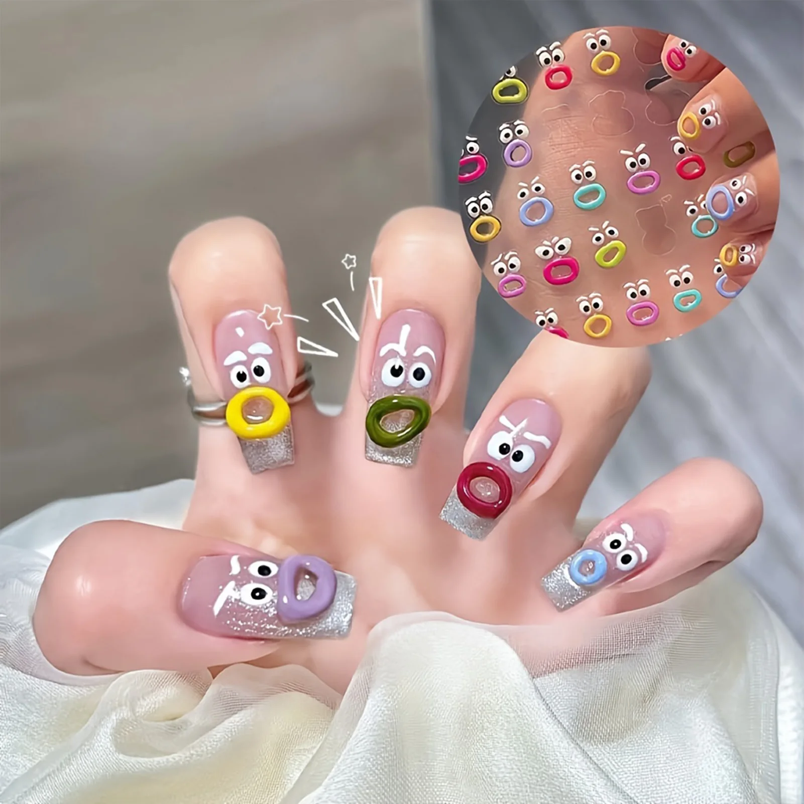 

1Pcs Funny Jelly Series Nail Stickers Kawaii Self Adhesive Embossed Mouth Nail Decals Cute Nail Art Decoration for Manicure