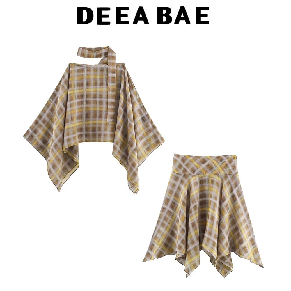 DEEABAE Autumn New Product Women's Round Neck Wide Sleeve Checkered Scarf Cloak Asymmetric Middle Waist Midi Skirt Set