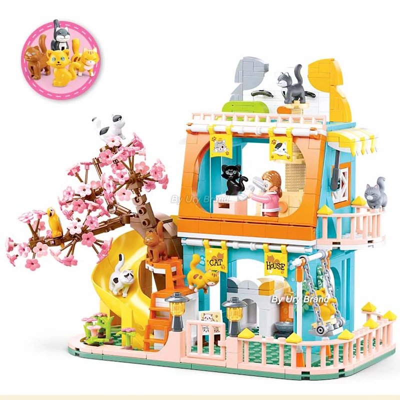 Sluban Friends City Cat Hotel Sets Girl A-Frame Pet House Apartment Garden Villa Sakura Tree Building Blocks Animal Toy Kid Gift