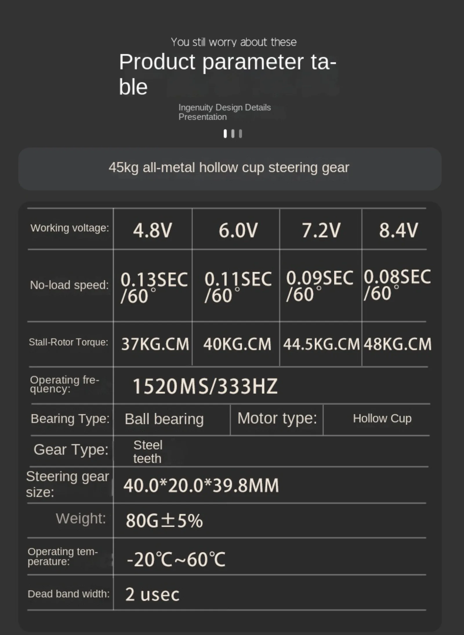 Servo digital de copo oco totalmente metálico de 45kg 4.8v-8.4v adequado para acessórios de helicóptero e modelo de aeronave