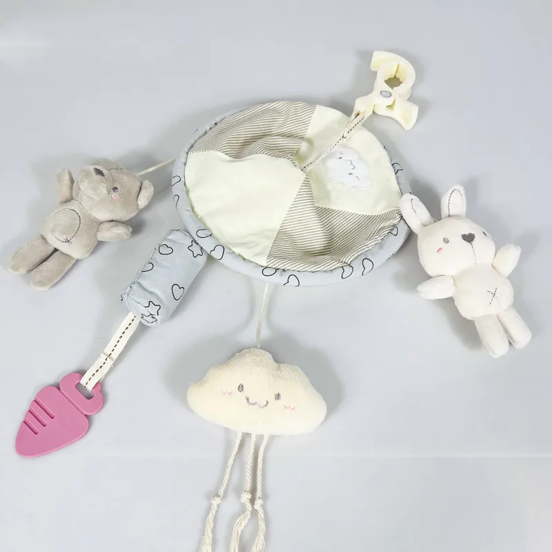 신생아 침대용 회전 딸랑이 장난감 부드러운 플러시 동물 모양 침대 모빌 벨 윈드 차임 아기 카시트용 딸랑이 클립