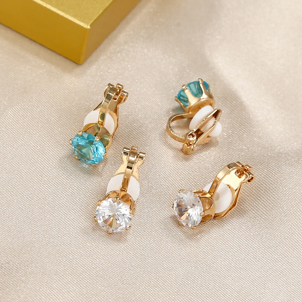 6 Pairs/set Luxury Female Round Colorful Zircon Stone Clip on Earrings Fashion Vintage Gold Non Pierced Ear Clips For Women Gift