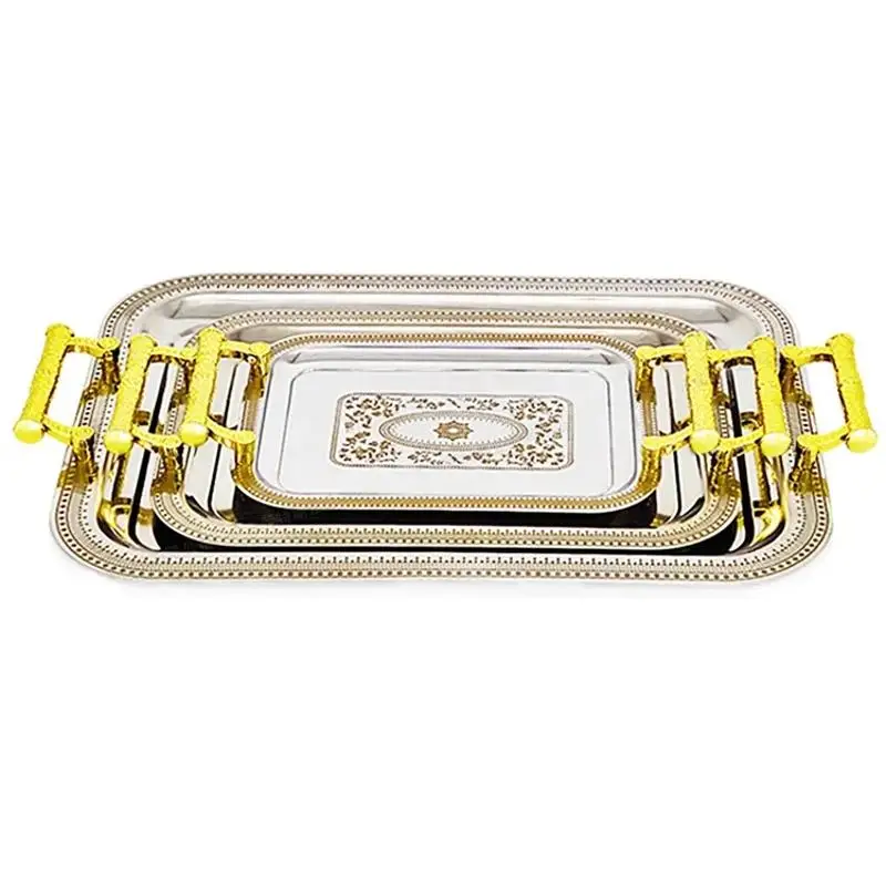 Plateau métallique rectangulaire de luxe de Style arabe personnalisé, ensemble de plateaux de service en acier inoxydable de 3 pièces avec poignées en plastique