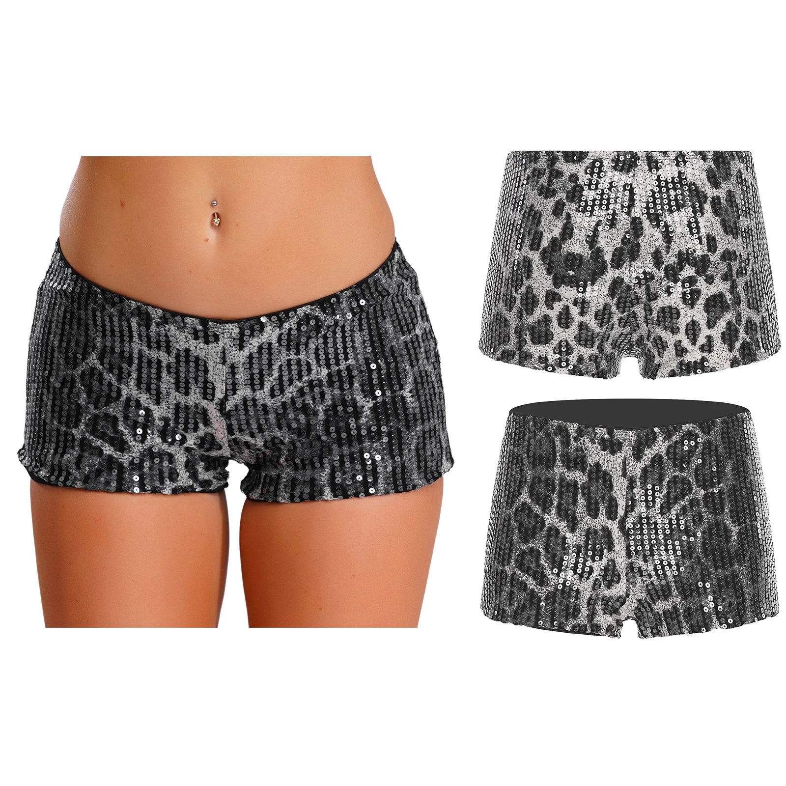 

Women Sissy Fashion Leopard Print Booty Short Pants Fully Lining Glittery Micro Shorts for Party Bar Pole Dance High Look Shorts