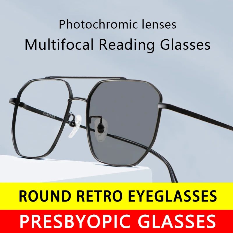 Photochromic Progressive Multifocal Reading Glasses for Men, Metal Full Rim ,Presbyopia Eyeglasses Hard & Multi-coated Lens