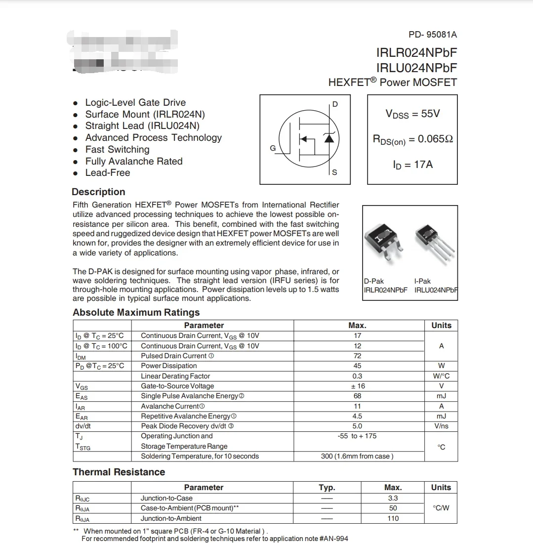 

100PCS IRLR024N IRLR024NPBF LR024N IRLR024NTRPBF N-CHANNEL 55V ORIGINAL
