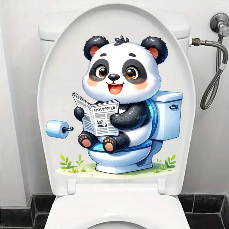 Cute Panda Reading Newspaper Toilet Lid Decal - Animal Self-Adhesive Bathroom Toilet Sticker Waterproof Funny Home Decor M1125