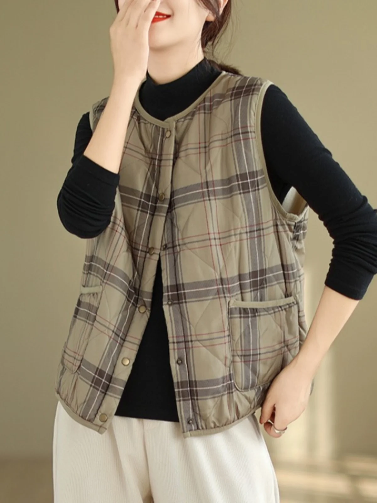 

plus Size Women's Faionable Fce Lined Vest Autumn Winter Outerwear Jaet Commute Sle round Ne Single Button Closure