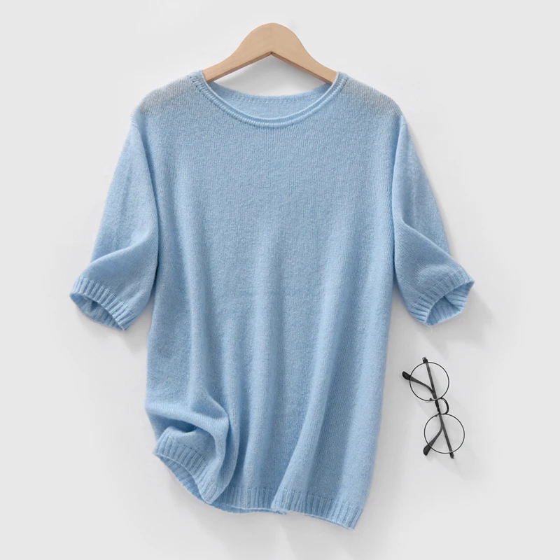 

Women's O-neck Pullovers Silk Cashmere Sweater Spring Summer Autumn Knitwear Top Short Sleeve Popular Knit T-shirt Clohing