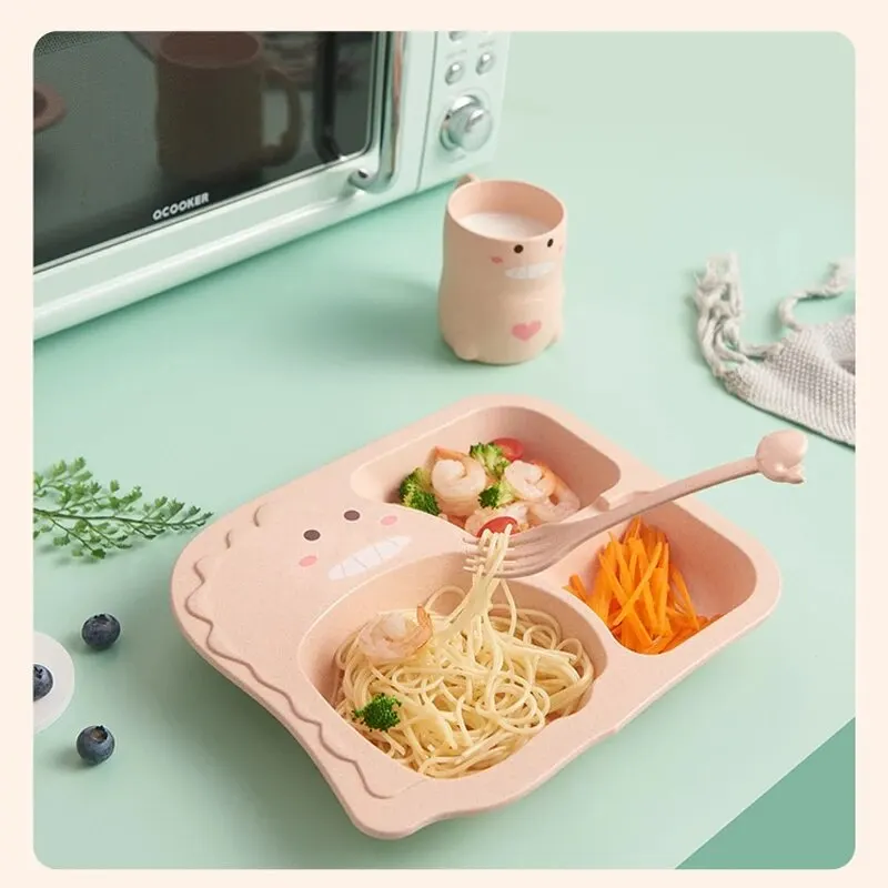 A Baby Cutlery Set For Children\'s Household Cartoon Cute Anti Drop Dinosaur Grid Plate For Eating Bowl Set Meal Plate Pink Gift