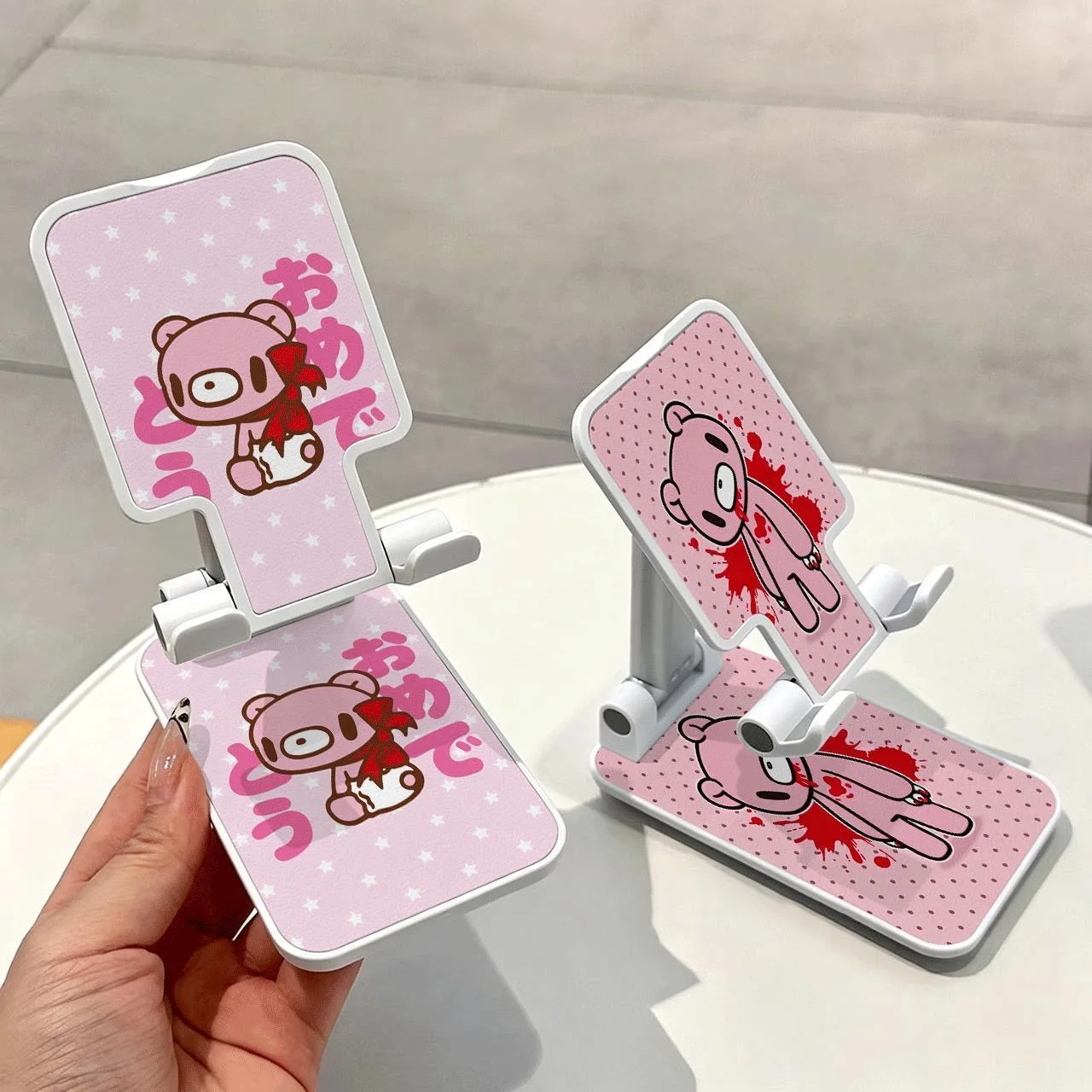 Foldable Phone Stand with Cute Cartoon Bear Design, Pink Adjustable Desk Phone Holder, Portable Folding Stand