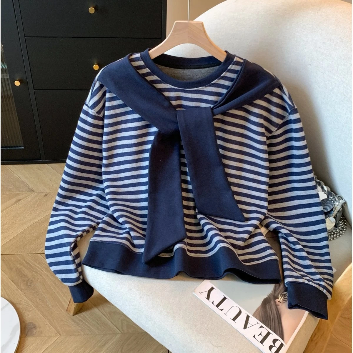 

Корейская студенческая толстовка-худи с цветными полосками и завязками на плечах, с длинными рукавами, весна-осень, приталенная, универсальная, без застежек