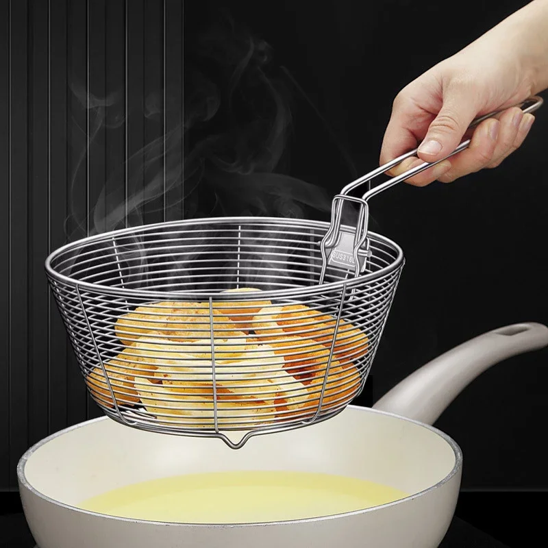 304 Stainless Steel Foldable Colander Fry French Chef Basket Household Multifunction Drainer Mesh Strainer Kitchen Cooking Tool