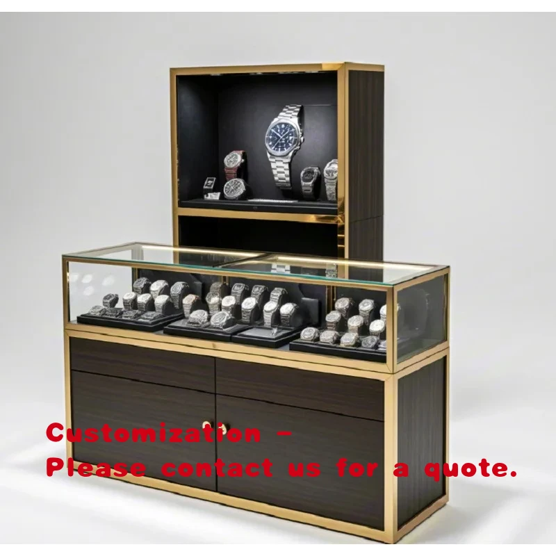 

custom.Luxury Modern Wooden Gold Trim Watch Display Cabinet with LED Lighting Luxury Shopping Malls and Retail Stores
