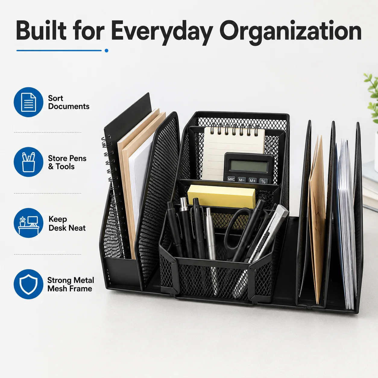 Metal Mesh Desk Organizer Multi Slot Desktop Storage Caddy File Magazine Holder Office Stationery Storage  Paper Pens Documents