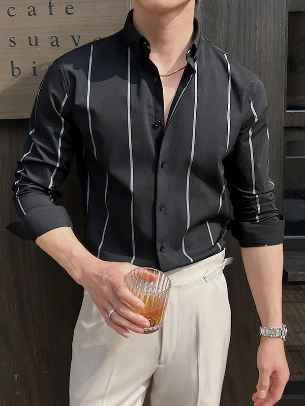 

Spring Thin Striped British Long-sleeved Shirt, Slim-fitting Large-size Business Drape Light Luxury Bottoming Shirt Men