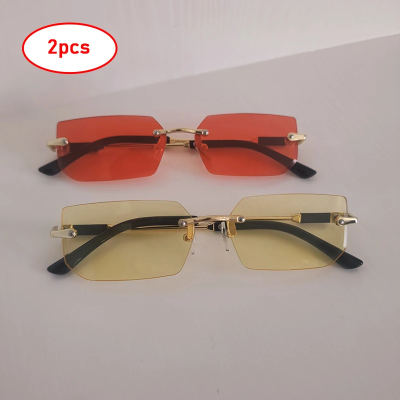 2pcs Rimless Rectangle Sunglasses For Men Women Trendy Small Frame Square Female Sun Glasses Summer Outdoor Shades Eyewear