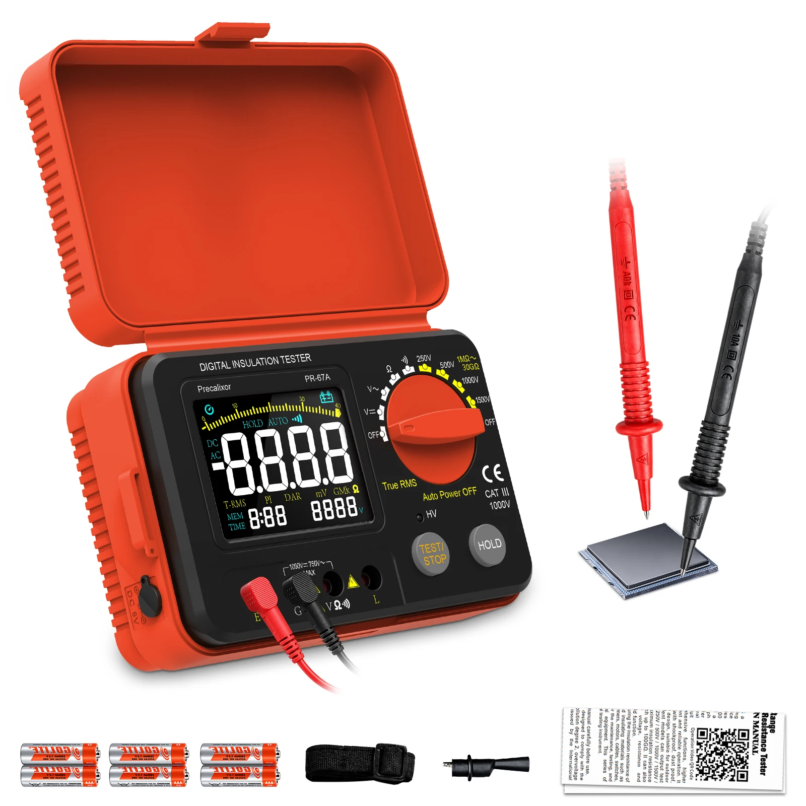 Insulation Resistance Tester Megohmmeter 2500V 5000V 100GΩ VA Display Data Hold for Transformer Motor Cable Maintenance