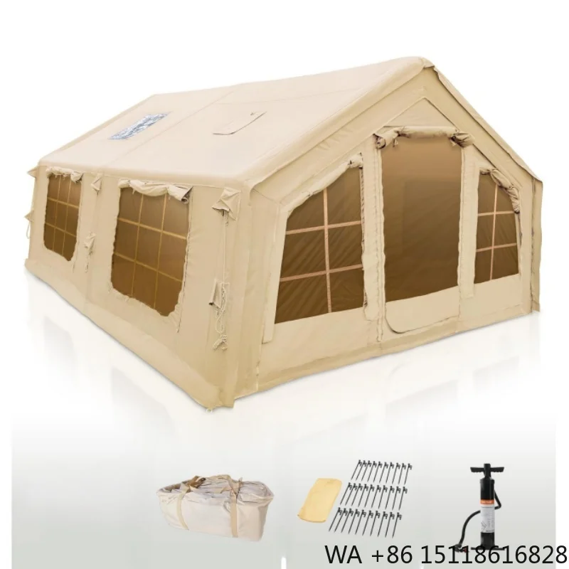 17 Square Meters Outdoors Inflatable Tents for Camping with Stove Jack Luxury Canvas Blow up Tent 2 Room  Easy Setup Large House