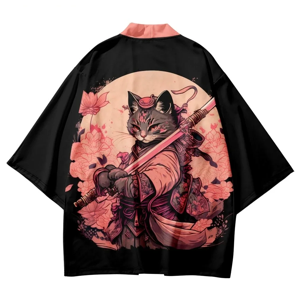 Japanse Samurai Kat Print Kimono Shirt Yukata Man Traditionele Haori Vest Harajuku Cosplay Vrouwen Aziatische Streetwear Kleding