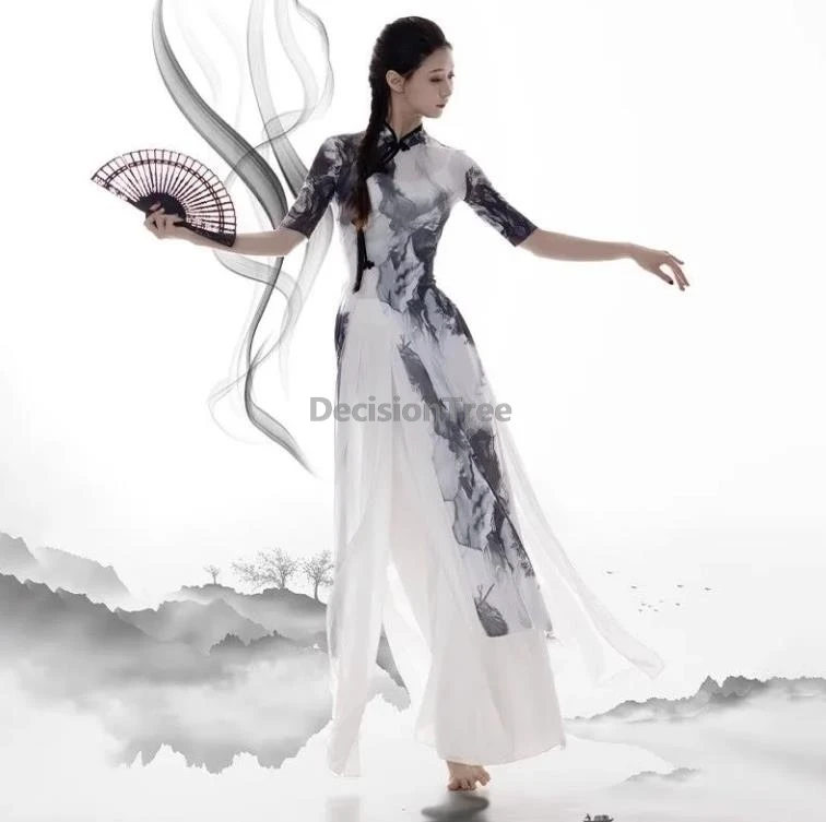 

2025 chinese characteristic ink printing dancing qipao retro literature art tempertament dance qipao set elegant fairy outfit