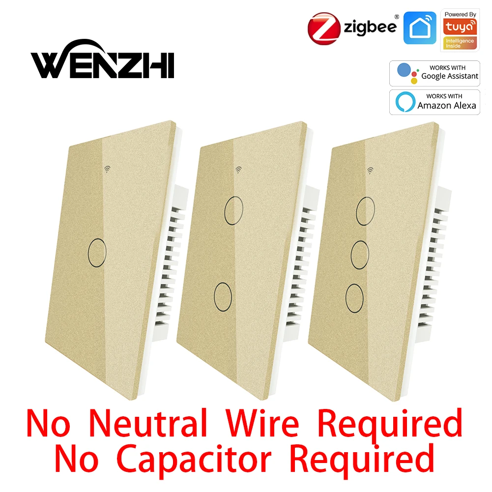 

ZigBee Wall Touch Switch US Golden No Neutral Capacitor Smart Life/Tuya App Remote Control Alexa Google For Home 2/3 Way Multi