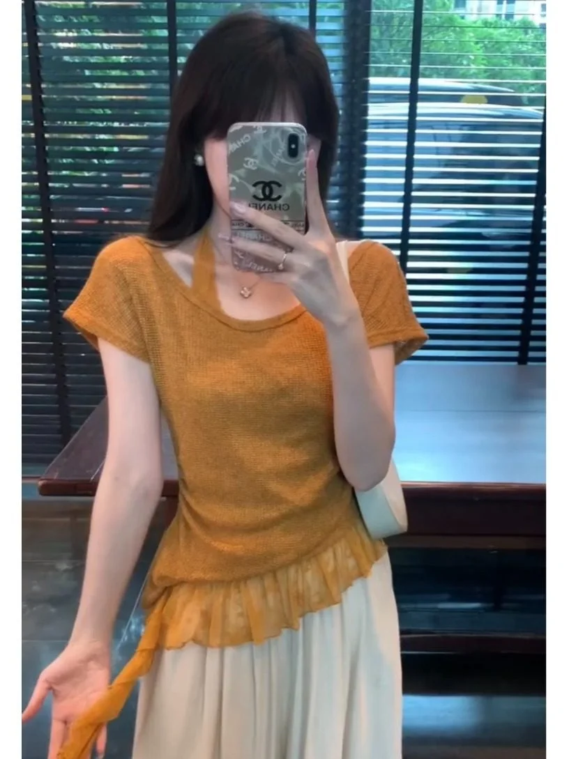 Unique Orange Lace Halter Neck Short Sleeve T-Shirt Women's Summer Fashionable Design Cotton Polyester Korean Style Top