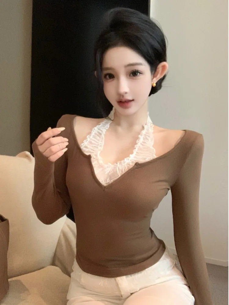 Sexy Lace Halter Neck Fake Two-Piece Top Slim Fit Long Sleeve Fashionable Spring Autumn Hot Girl Style Breathable Skin-Friend...