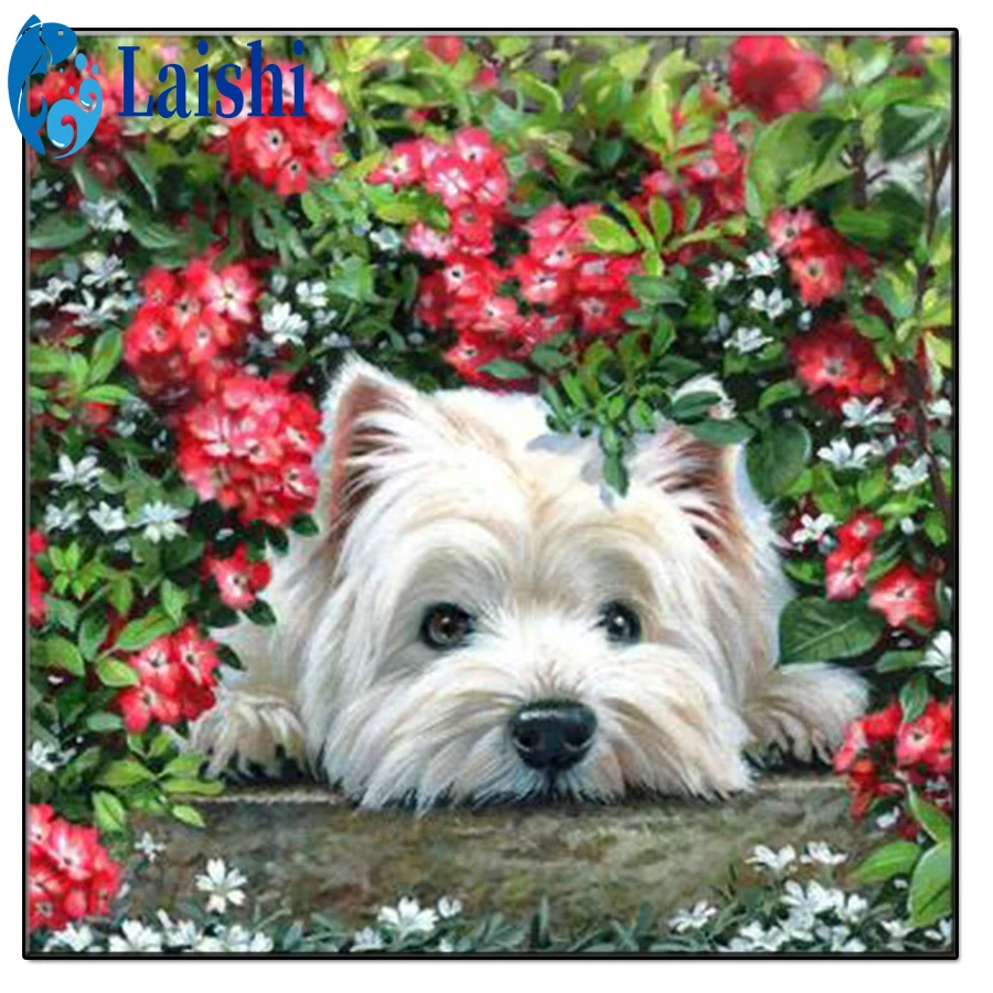 5D DIY West Highland White Terrier and Flowers, Garden Decoration Diamond Painting Diamond Embroidery New Handicrafts Home Decor