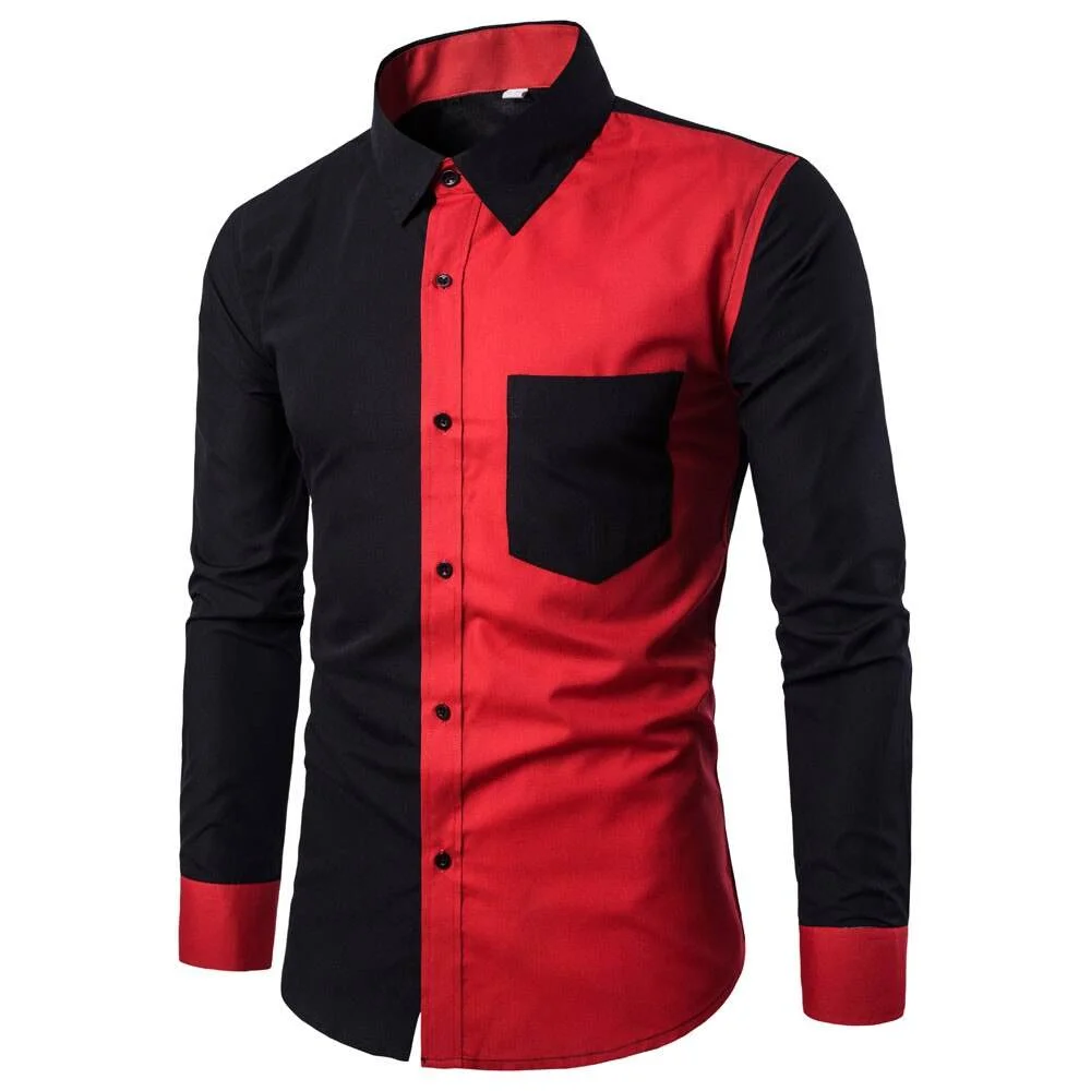 New Black And Red Contrasting Splicing 3D Printed men's Long Sleeved Shirt With Lapel Casual Shirt Clothing