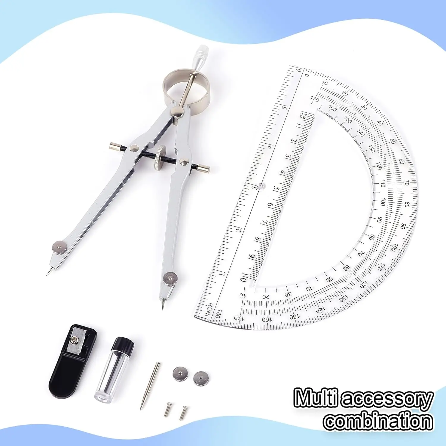 Compass and Protractor Set, Professional Drawing Compass Tool, Metal Compass with Extra Refills, Compass for Geometry