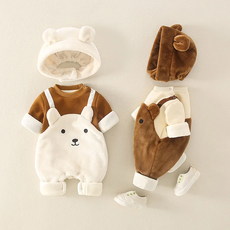 Newborn Baby Clothes Autumn and Winter Suit Boys' Plush One-piece Clothes Cute Warm Romper for Going Out In Winter