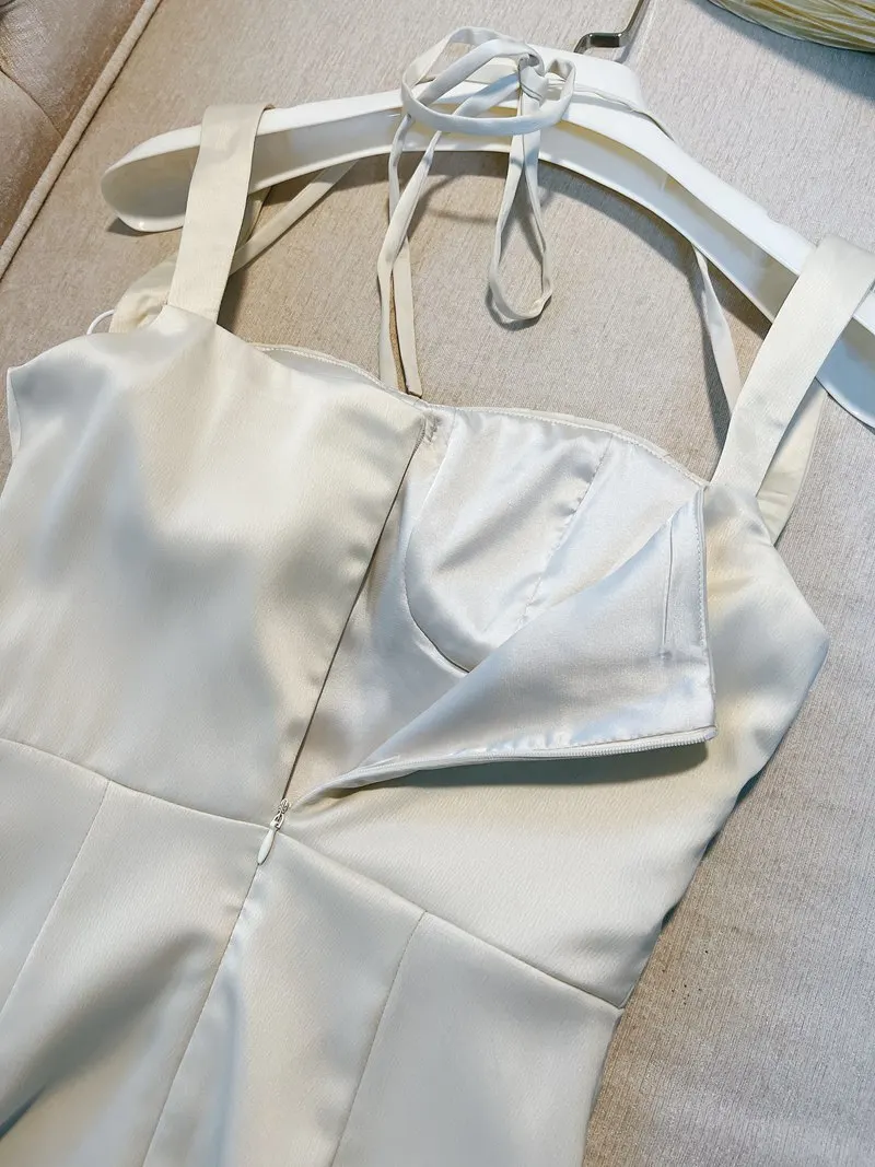 ชุดเดรสเอวสูงทรงเอ สีพื้น ผ้าซาติน สำหรับผู้หญิง ดีไซน์แฟชั่น ฤดูใบไม้ผลิ ฤดูร้อน