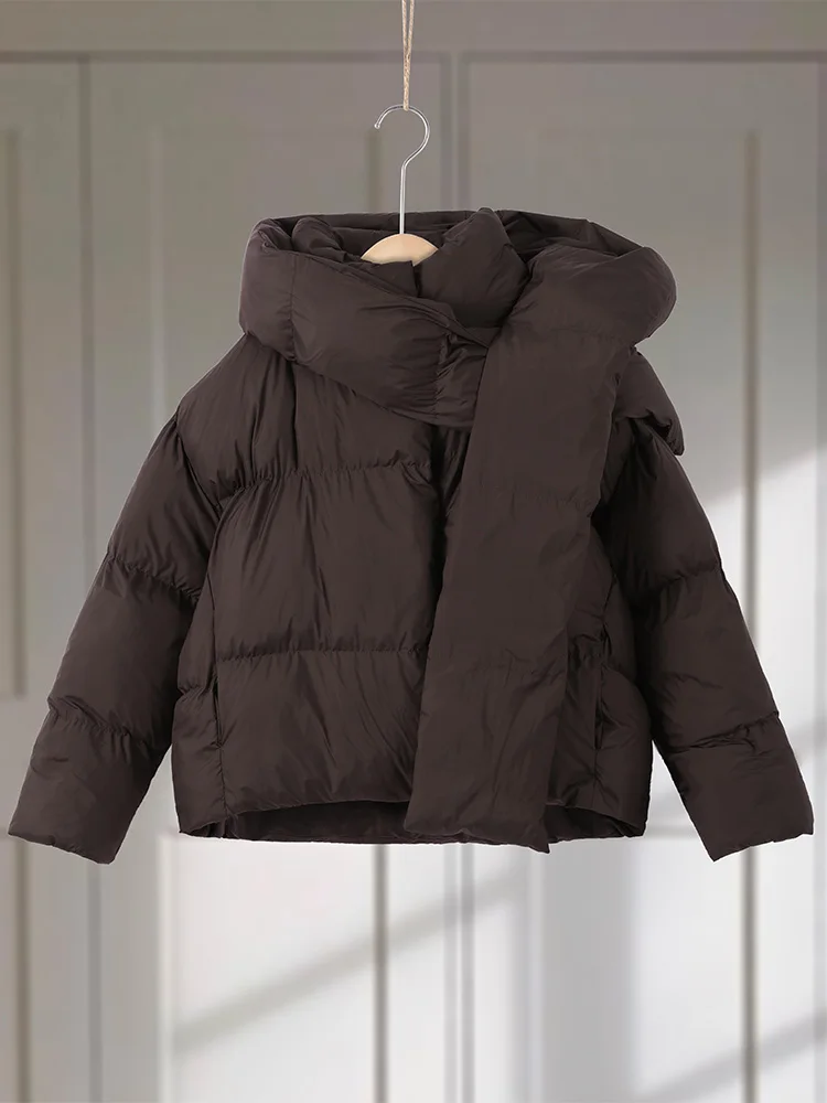 

Женские зимние коричневые куртки с капюшоном, длинными рукавами, съемным воротником-шарфом, пуховики, модная новинка 2026 года, верхняя одежда для женщин