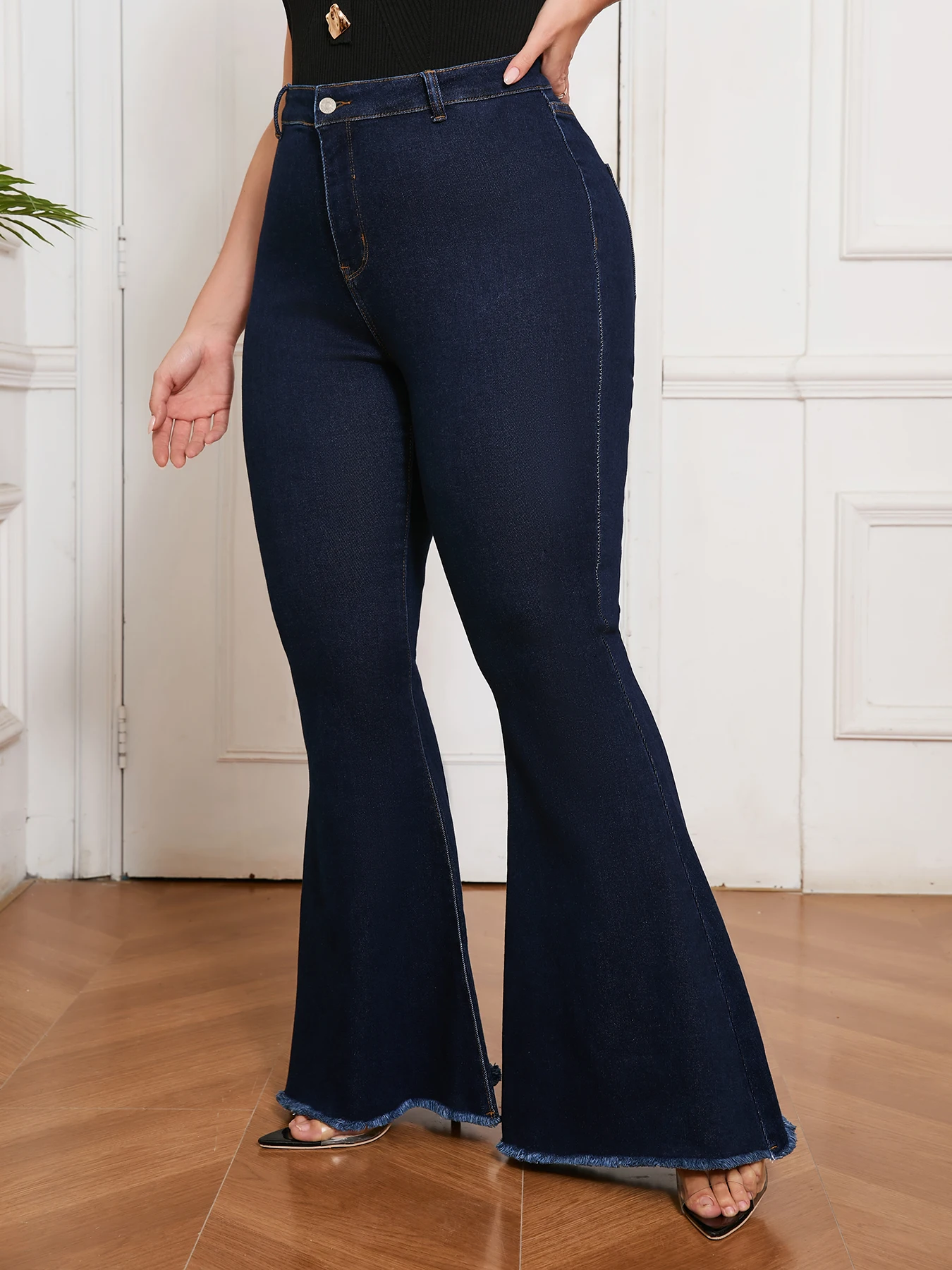 Full Figured Women’s Dark Wash High Waist Denim Pants Butt Lifting Bootcut Jeans Stretch Comfortable Everyday Clothing
