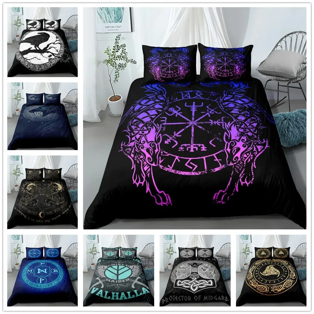 Vikings Yggdrasil Fenrir Wolf Bedding Set King Queen Double Full Twin Single Size Mythology Symbols Runes Bed Linen Set